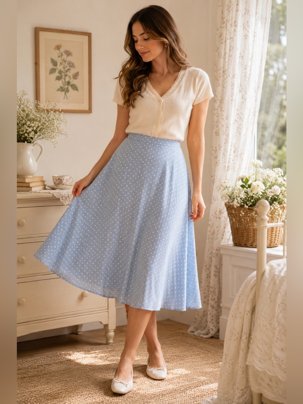 Vintage Koret Blue White Polka Dot Midi Skirt Retro Cottagecore Plus Petite